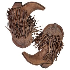 Liberty Black Brown Distressed Leather Fringe Cowboy Boots 8.5 Made in Mexico